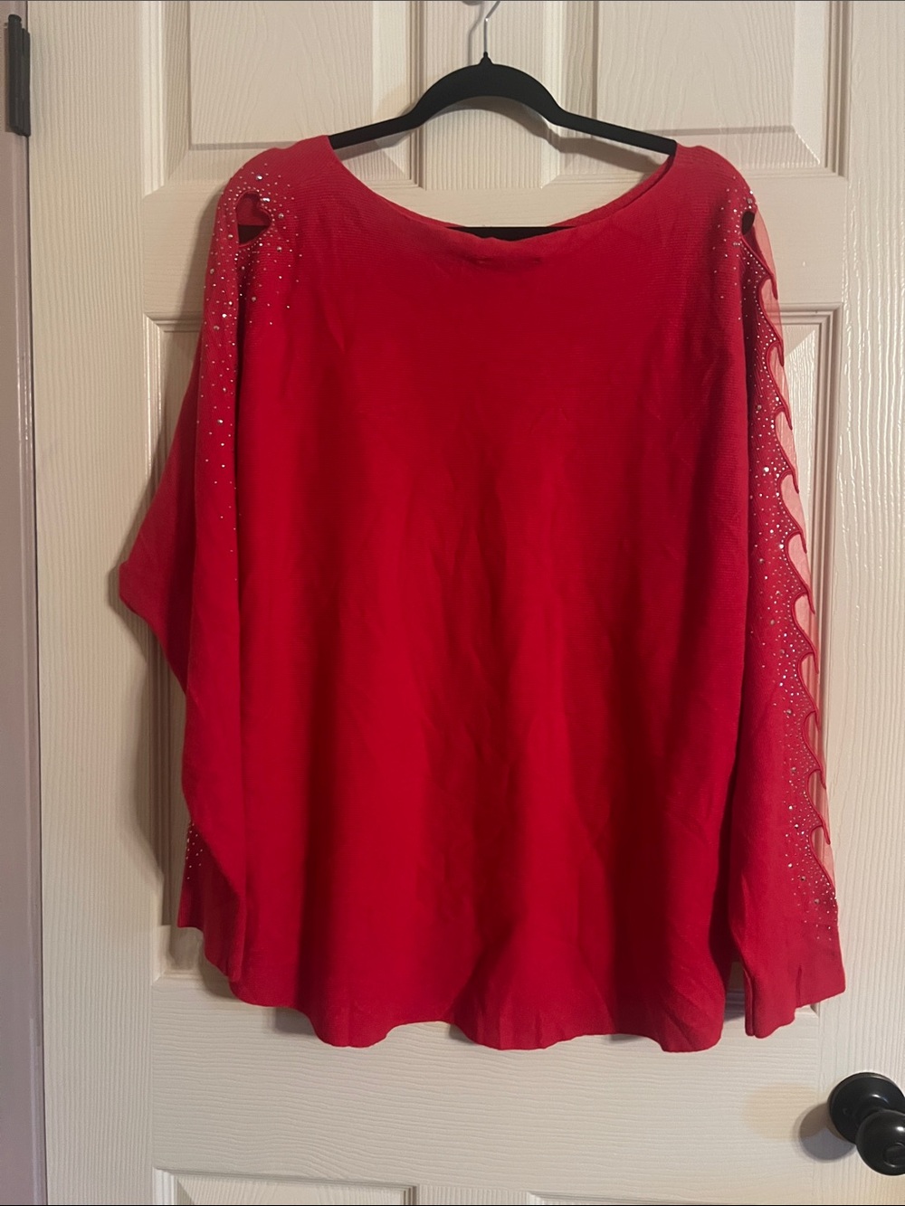 Women's Red Crew Neck Long Sleeve Top with Rhinestone Sleeve Detail